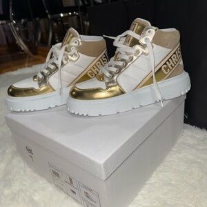 Dior Gold and White High-Top Sneakers